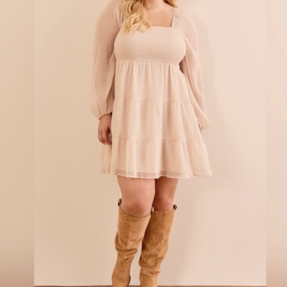 ARULA Elegant Cream Dress with Sheer Sleeves